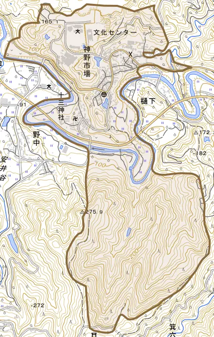 神野市場とその周辺の地図。町の範囲を重ねている
