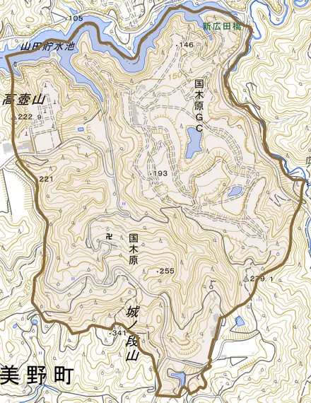 国木原とその周辺の地図。町の範囲を重ねている