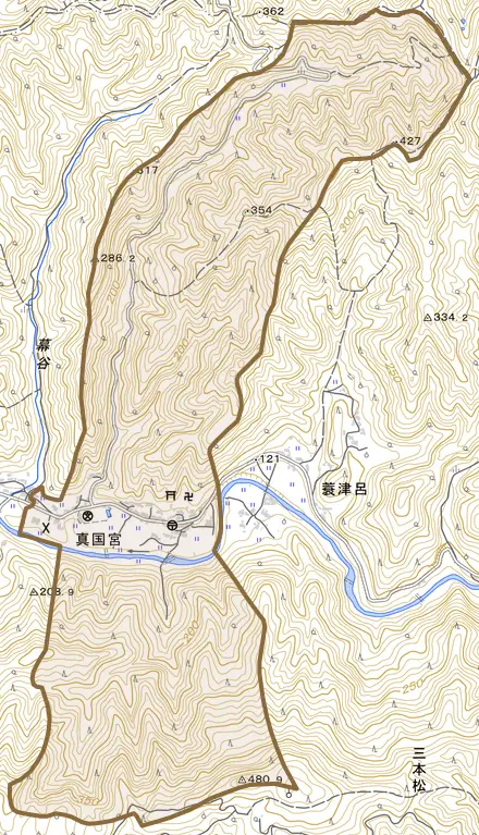 真国宮とその周辺の地図。町の範囲を重ねている