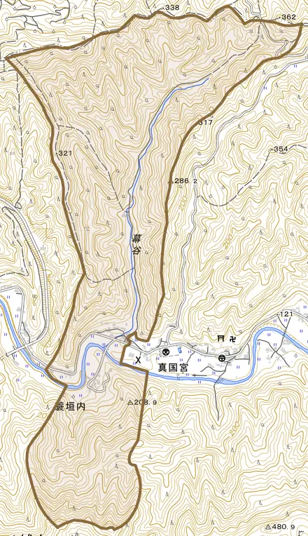 蓑垣内とその周辺の地図。町の範囲を重ねている