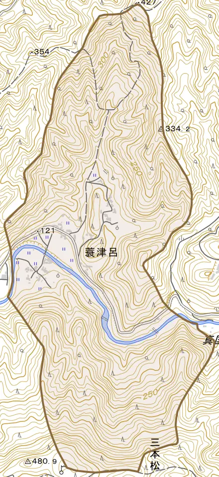 蓑津呂とその周辺の地図。町の範囲を重ねている