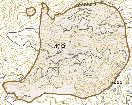 永谷とその周辺の地図。町の範囲を重ねている