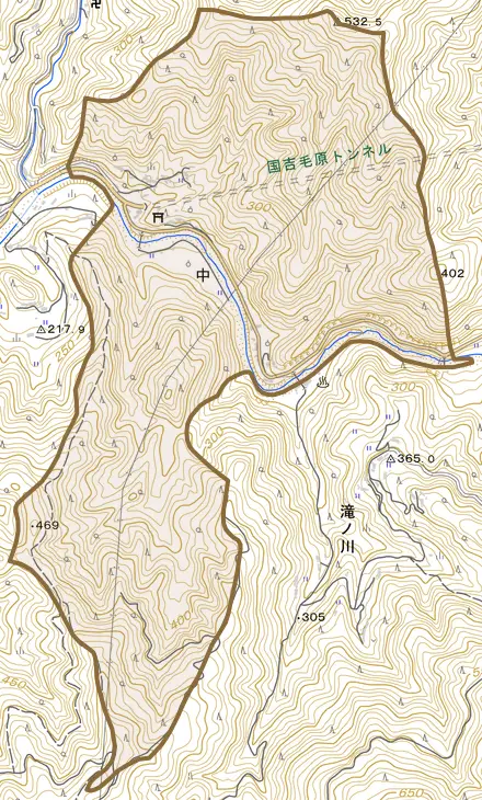 中とその周辺の地図。町の範囲を重ねている