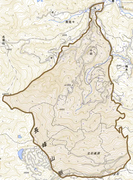 中田とその周辺の地図。町の範囲を重ねている