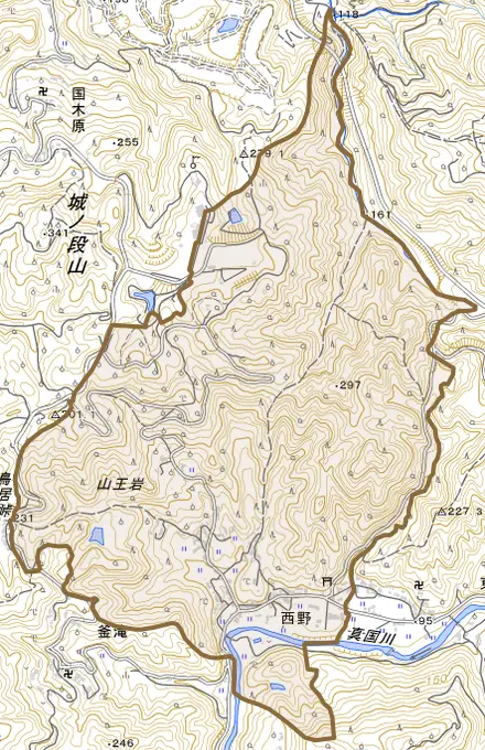 西野とその周辺の地図。町の範囲を重ねている