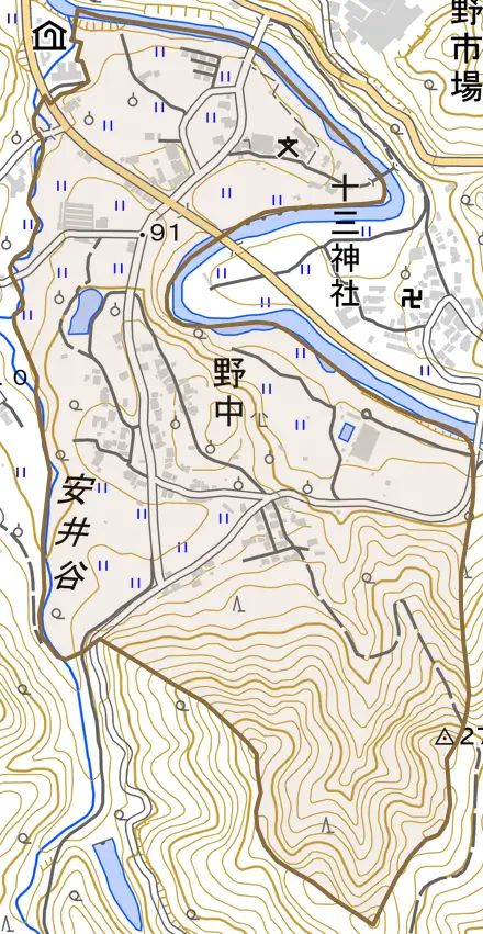 野中とその周辺の地図。町の範囲を重ねている