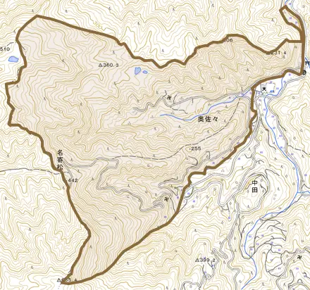 奥佐々とその周辺の地図。町の範囲を重ねている