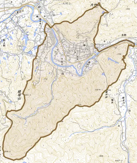 下佐々とその周辺の地図。町の範囲を重ねている