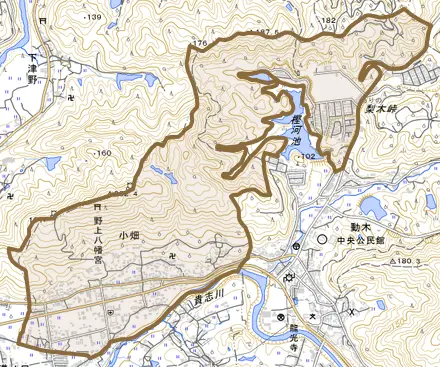 小畑とその周辺の地図。町の範囲を重ねている