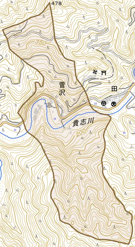 菅沢とその周辺の地図。町の範囲を重ねている
