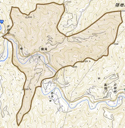 鎌滝とその周辺の地図。町の範囲を重ねている