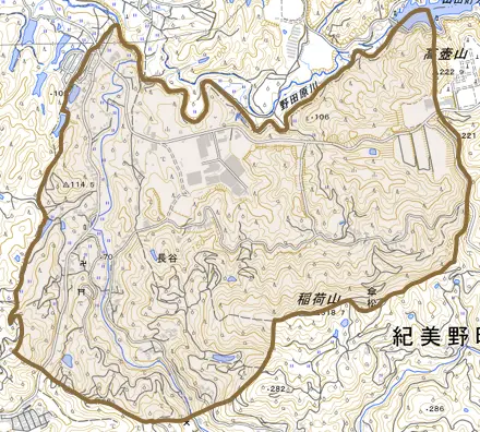 長谷とその周辺の地図。町の範囲を重ねている