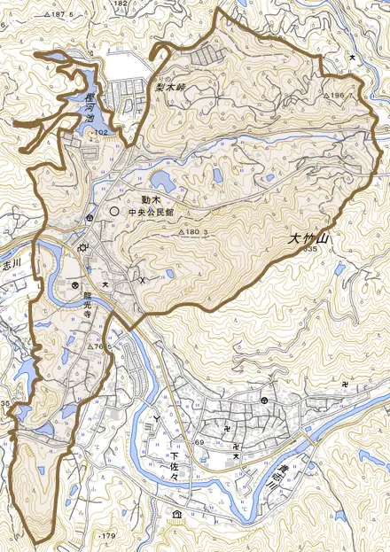 動木とその周辺の地図。町の範囲を重ねている