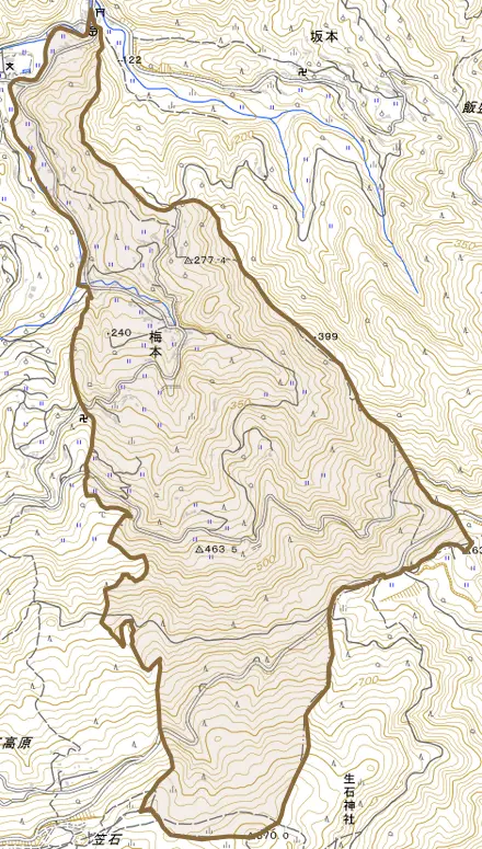 梅本とその周辺の地図。町の範囲を重ねている