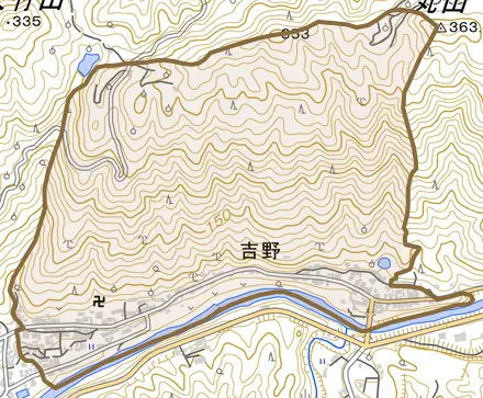 吉野とその周辺の地図。町の範囲を重ねている