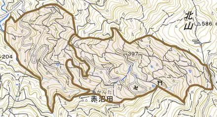 赤沼田とその周辺の地図。町の範囲を重ねている