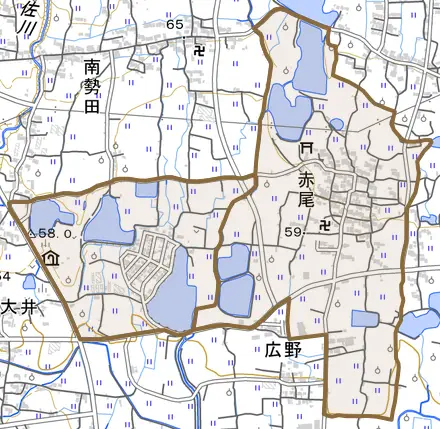 赤尾とその周辺の地図。町の範囲を重ねている