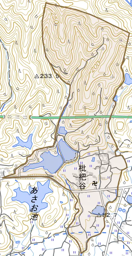 枇杷谷とその周辺の地図。町の範囲を重ねている