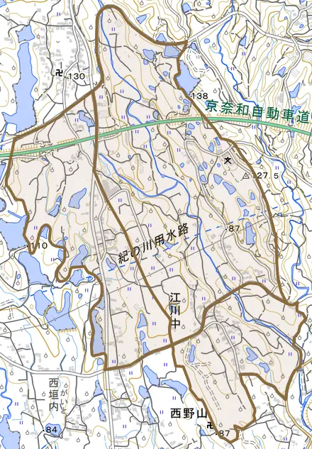 江川中とその周辺の地図。町の範囲を重ねている