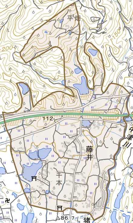 藤井とその周辺の地図。町の範囲を重ねている