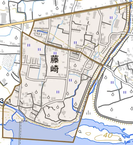 藤崎とその周辺の地図。町の範囲を重ねている