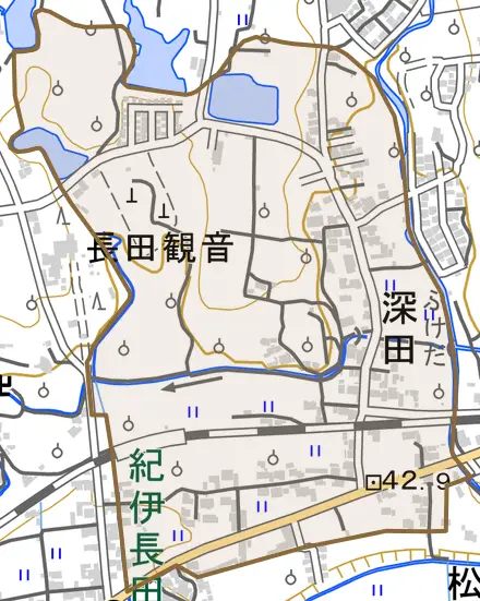 深田とその周辺の地図。町の範囲を重ねている