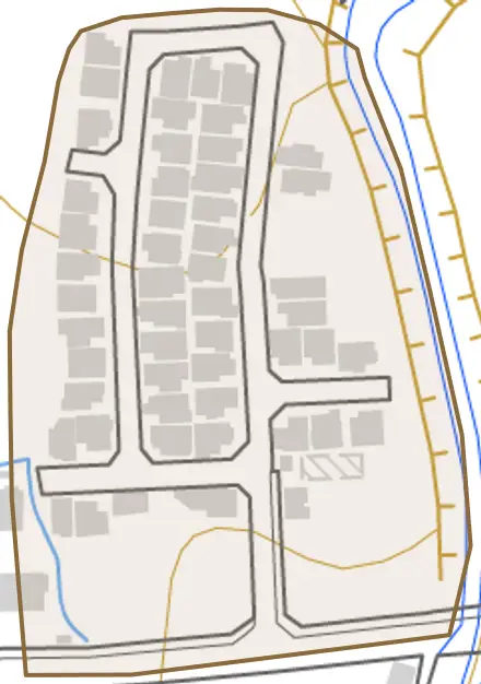 古和田とその周辺の地図。町の範囲を重ねている