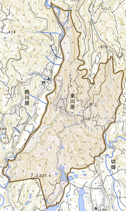 東川原とその周辺の地図。町の範囲を重ねている