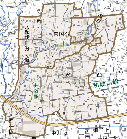 東国分とその周辺の地図。町の範囲を重ねている