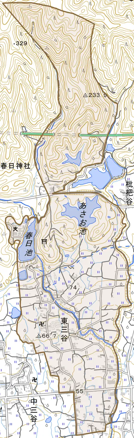 東三谷とその周辺の地図。町の範囲を重ねている