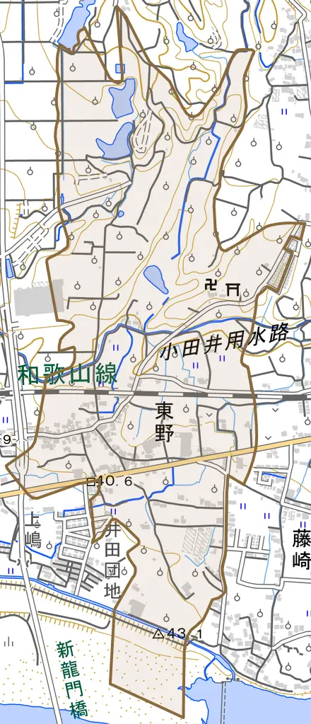 東野とその周辺の地図。町の範囲を重ねている