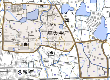東大井とその周辺の地図。町の範囲を重ねている