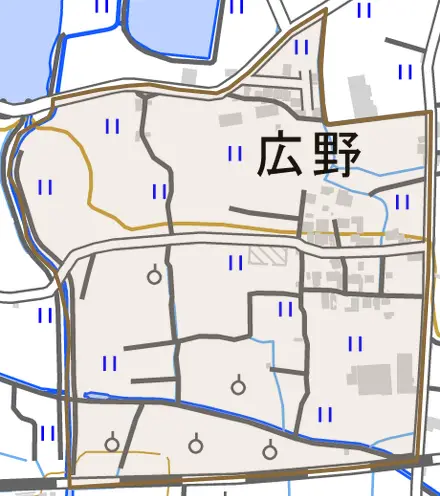 広野とその周辺の地図。町の範囲を重ねている