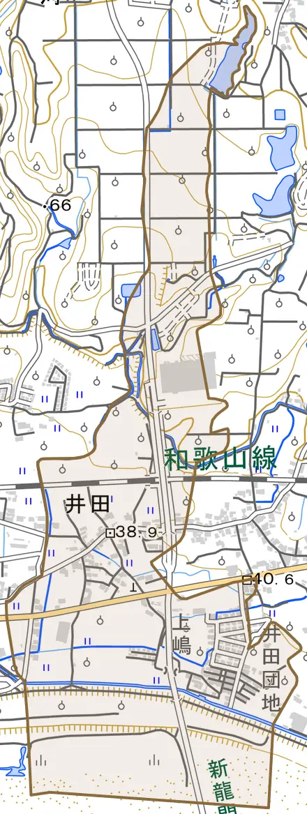 井田とその周辺の地図。町の範囲を重ねている