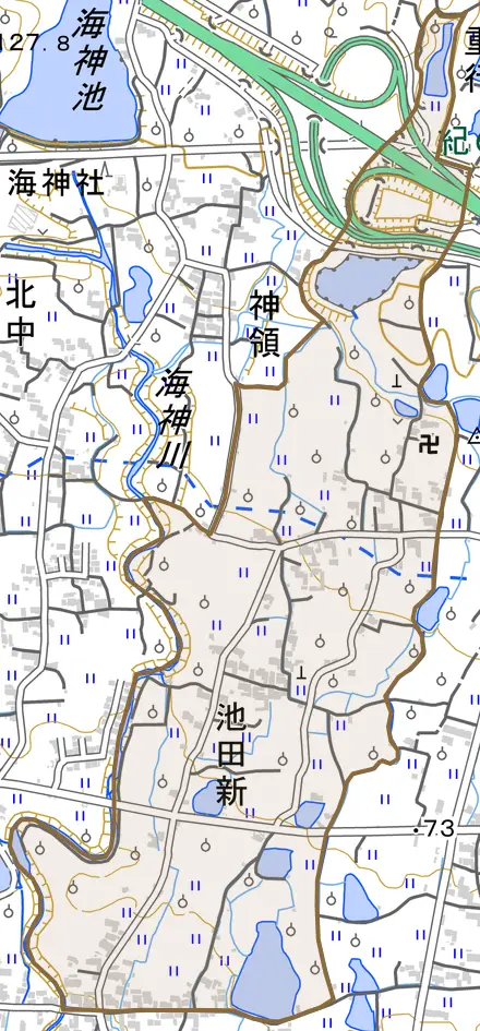 池田新とその周辺の地図。町の範囲を重ねている