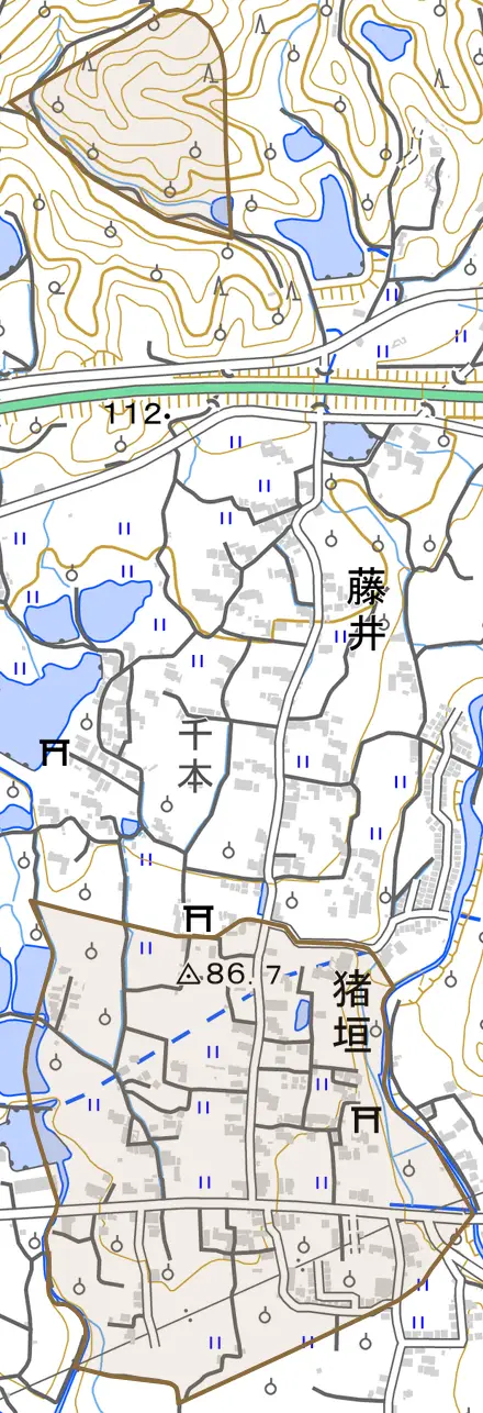 猪垣とその周辺の地図。町の範囲を重ねている