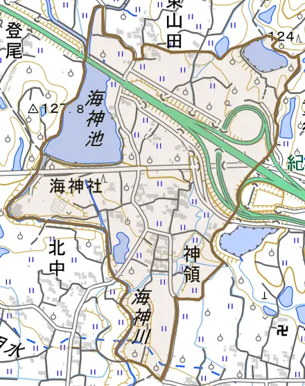 神領とその周辺の地図。町の範囲を重ねている
