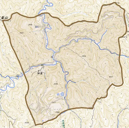 神通とその周辺の地図。町の範囲を重ねている