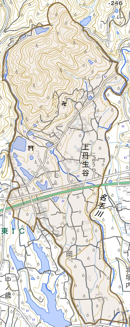 上丹生谷とその周辺の地図。町の範囲を重ねている
