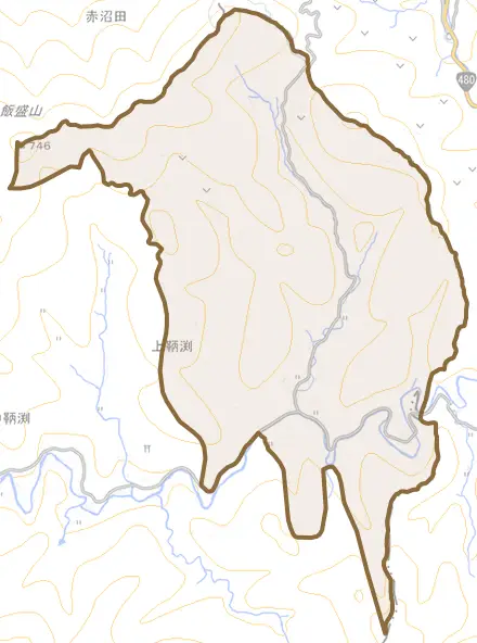 上鞆渕とその周辺の地図。町の範囲を重ねている