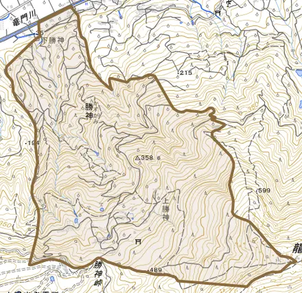 勝神とその周辺の地図。町の範囲を重ねている