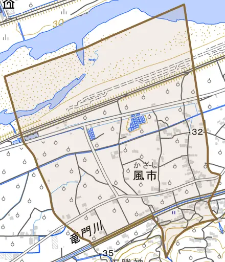 風市とその周辺の地図。町の範囲を重ねている