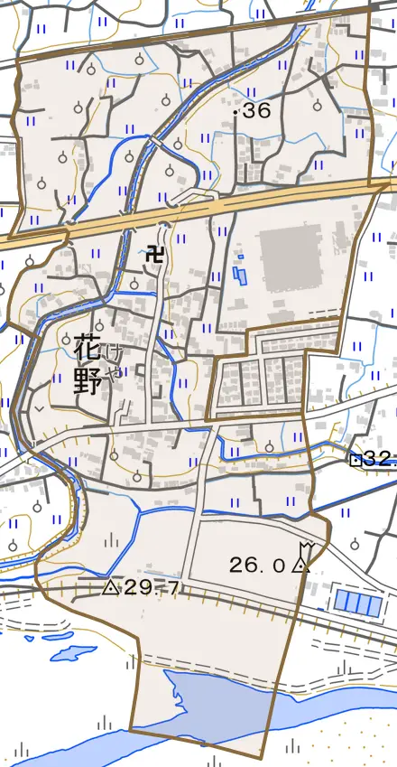 花野とその周辺の地図。町の範囲を重ねている