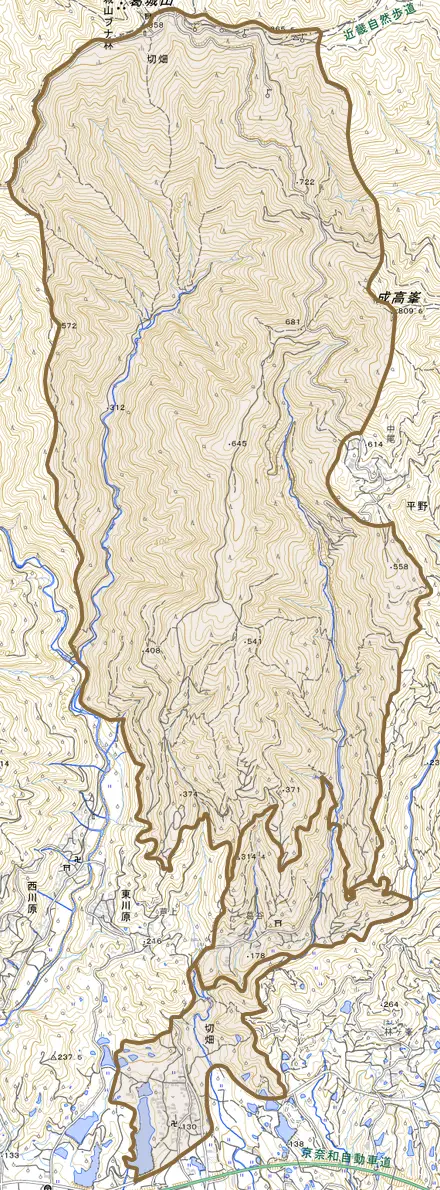 切畑とその周辺の地図。町の範囲を重ねている