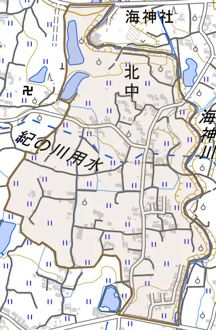 北中とその周辺の地図。町の範囲を重ねている