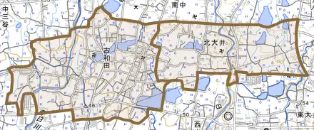 北大井とその周辺の地図。町の範囲を重ねている