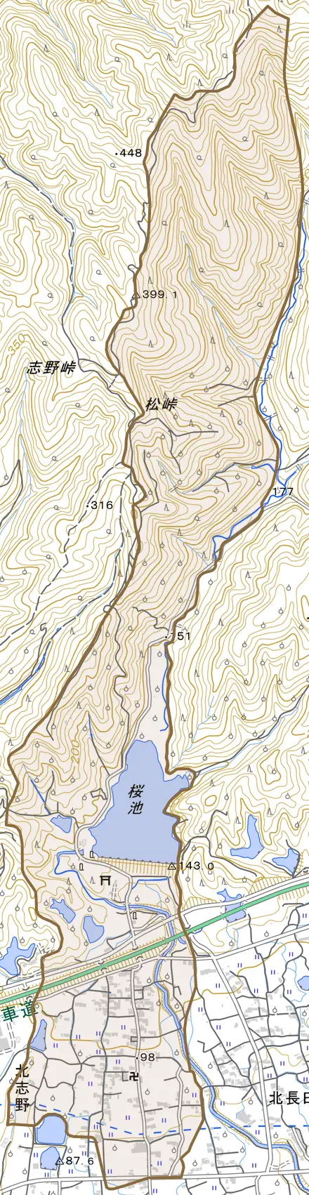 北志野とその周辺の地図。町の範囲を重ねている
