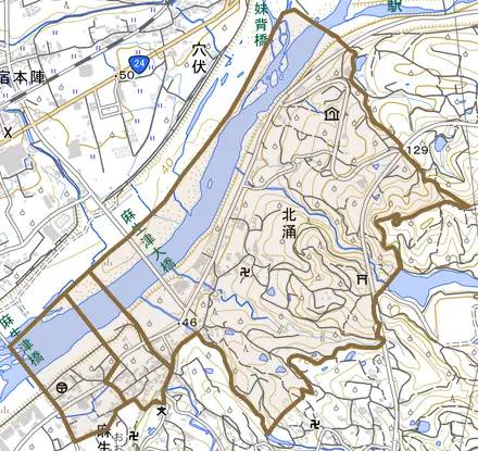 北涌とその周辺の地図。町の範囲を重ねている