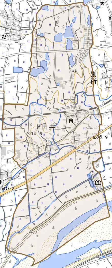 上田井とその周辺の地図。町の範囲を重ねている