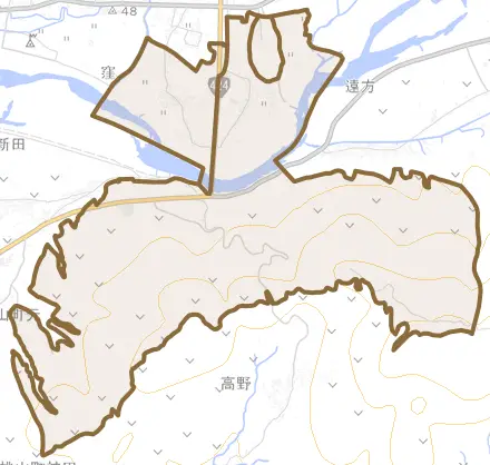 窪とその周辺の地図。町の範囲を重ねている